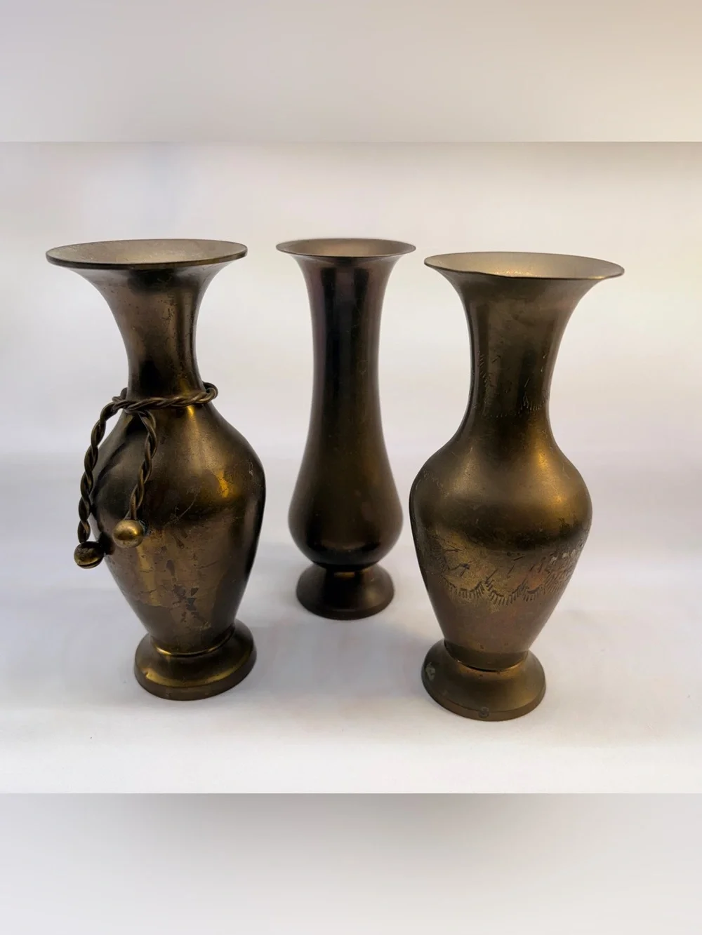Vintage Engraved Brass Bud Vases - Set of 3 Assorted Patina Mini Vases